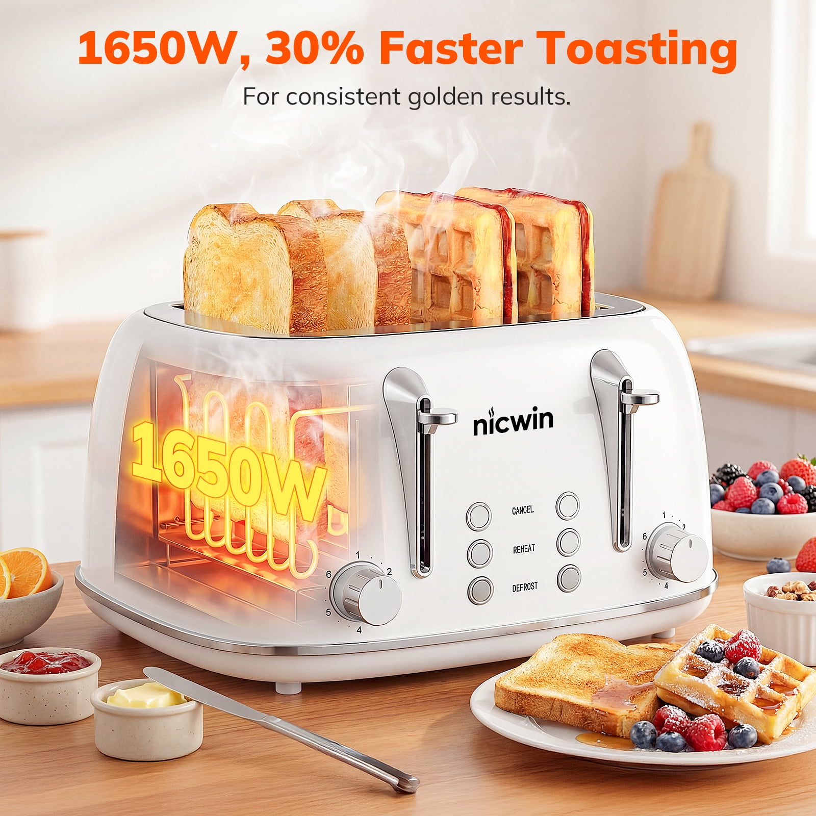 NICWIN 4 Slice Toaster, Extra Wide Slots Bread Toaster, Toast Shade Selector, Defrost & Reheat Functions for Kitchen Apartment Essentials, White