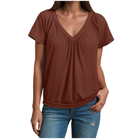 TTUHYWXI Women's Casual Summer T Shirts Short Sleeve V Neck Tops Tshirts (Brown, M)
