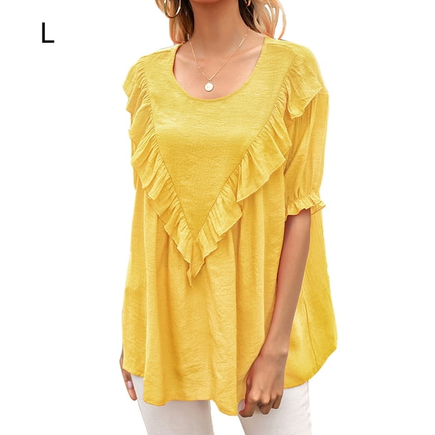 Camiseta de mujer de manga corta, cuello redondo, camisa con volantes, camiseta suelta de verano, amarillo, L Advancent AP001237-11