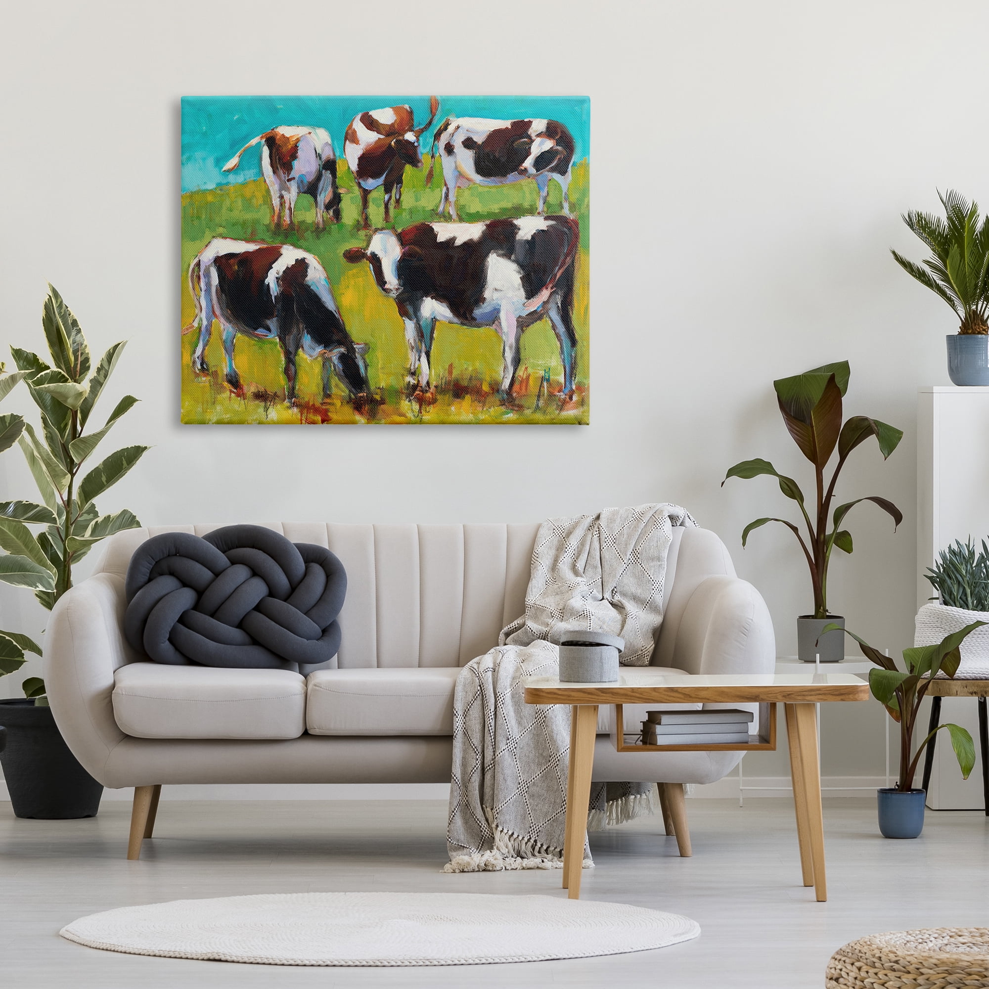 Stupell Industries Cows Grazing Modern Painting Animals & Insects Painting Gallery Wrapped Canvas Print Wall Art, 48 x 36