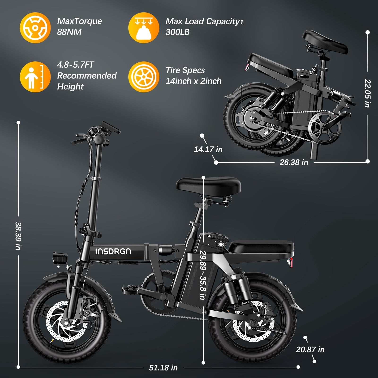INSDRGN Folding Electric Bike for Teenager and Adults, 16AH 48V Battery 14" Electric Bike 1500W Peak Motor, 62 Miles Range, Mini Ebike for City Commuter, UL2849