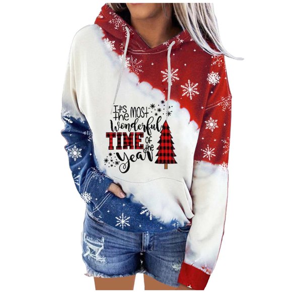 Amzcrzy Hoodies for Women Christmas Hoodie Christmas Printed Hoodie Color Matching Sweater Long Sleeve Hoodie Pullover Hoodie Women's Sweatshirts and Hoodies Long Sleeve Shirts for Women M