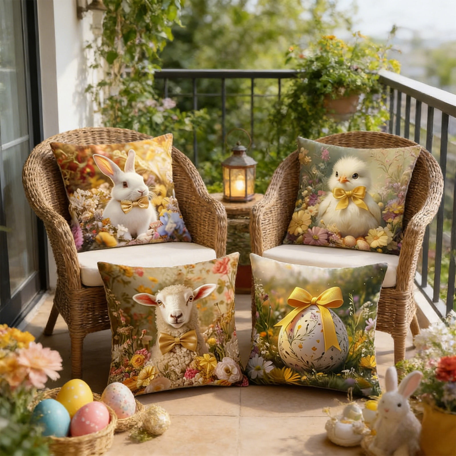 Easter Pillow Covers Set of 4, 18x18 Inch Rabbit and Easter Egg Print Throw Pillow Covers, Soft Flannel Decorative Covers for Couch Sofa Living Room Spring Home Decor