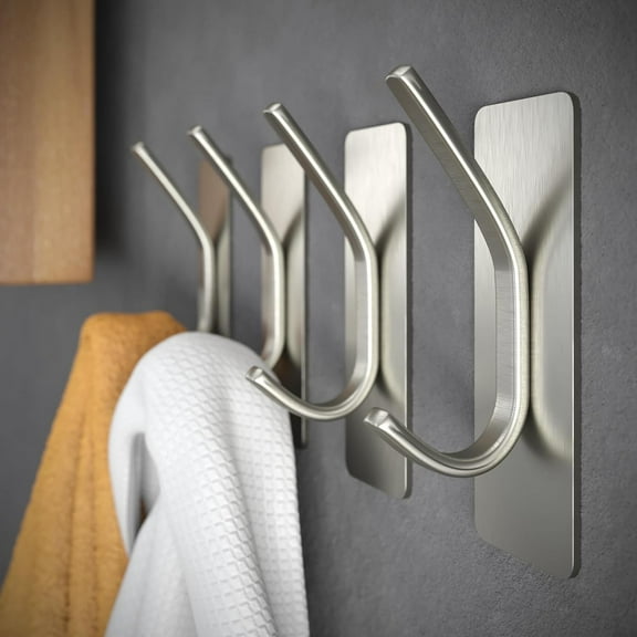 Adhesive Towel Hooks, Stainless Steel, Heavy Duty, 4-Pack