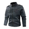 thumbnail image 2 of Lovskoo 2024 Men's Leather Jacket Zipper Open Fleece Coat Long Sleeve Stand Collar Jacket Vintage Washed Jacket Motorcycle Jacket Blue, 2 of 5