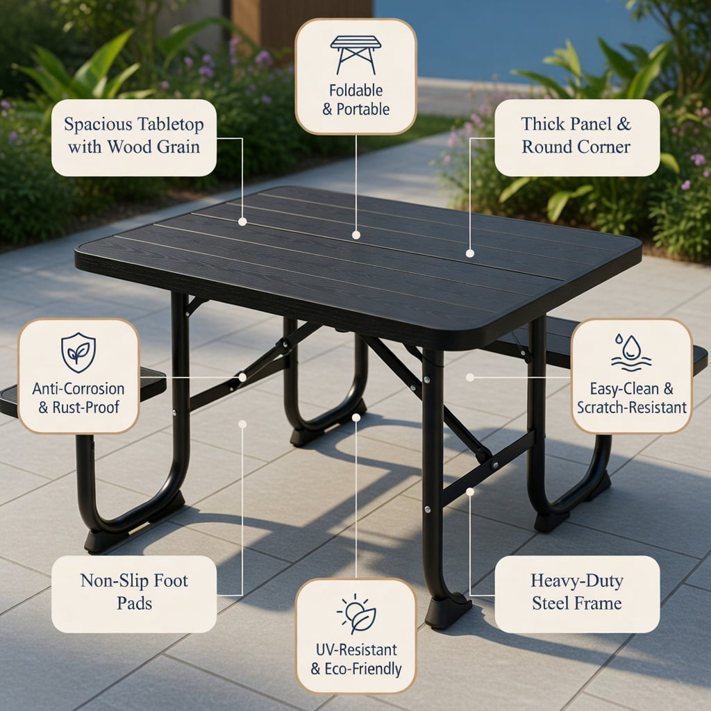 Hommoo Folding Outdoor Picnic Table & Bench Set, Steel Frame with Wood-Look HDPE Top, Heavy-Duty Folding Patio Table for Backyard, Camping, and Tailgating, Black