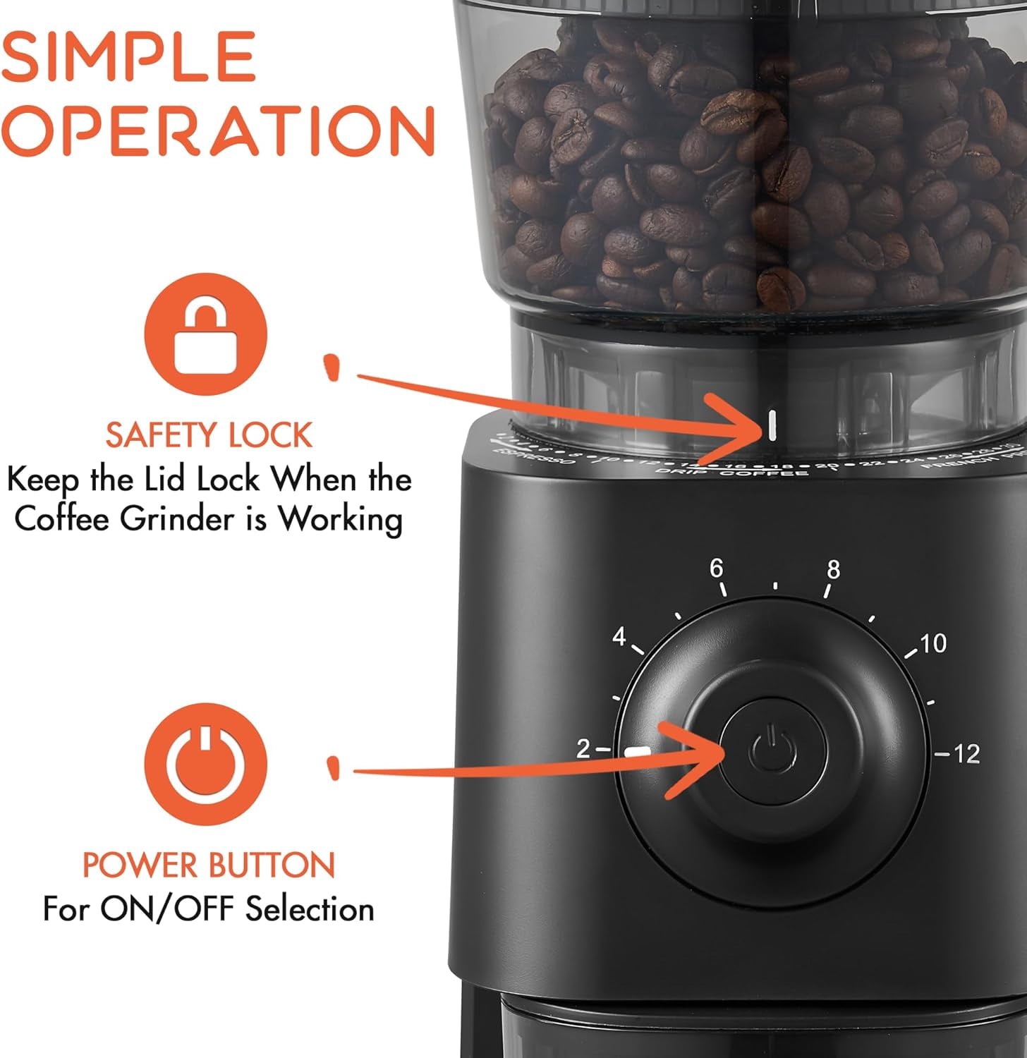 Electric Coffee Grinder with Conical Burr and 30 Grind Settings for Espresso to French Press