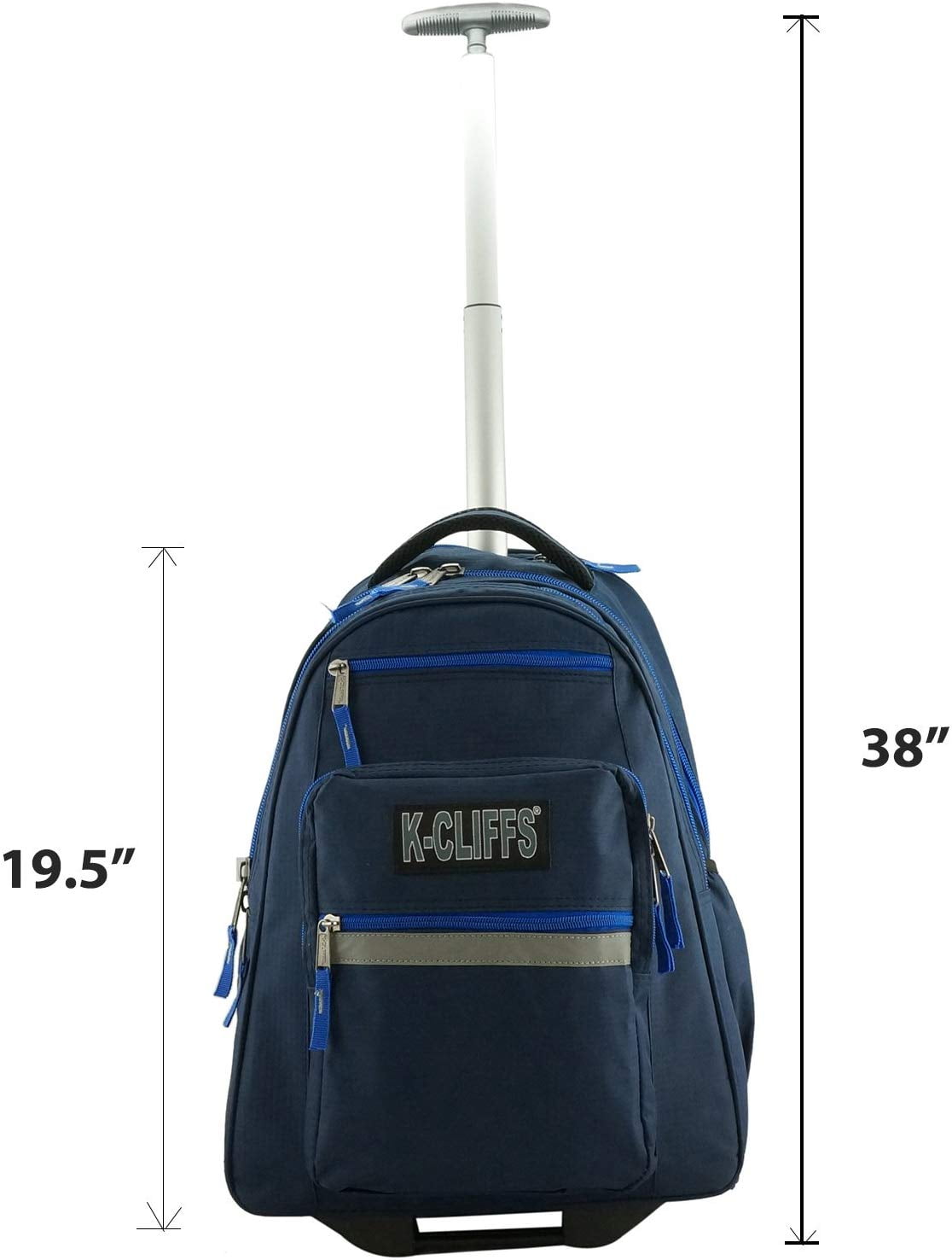 K-Cliffs Heavy Duty Rolling Backpack With Wheels - 10 Pockets, Reflective Stripe, Navy Blue - Trolley Book Bag For School & Travel