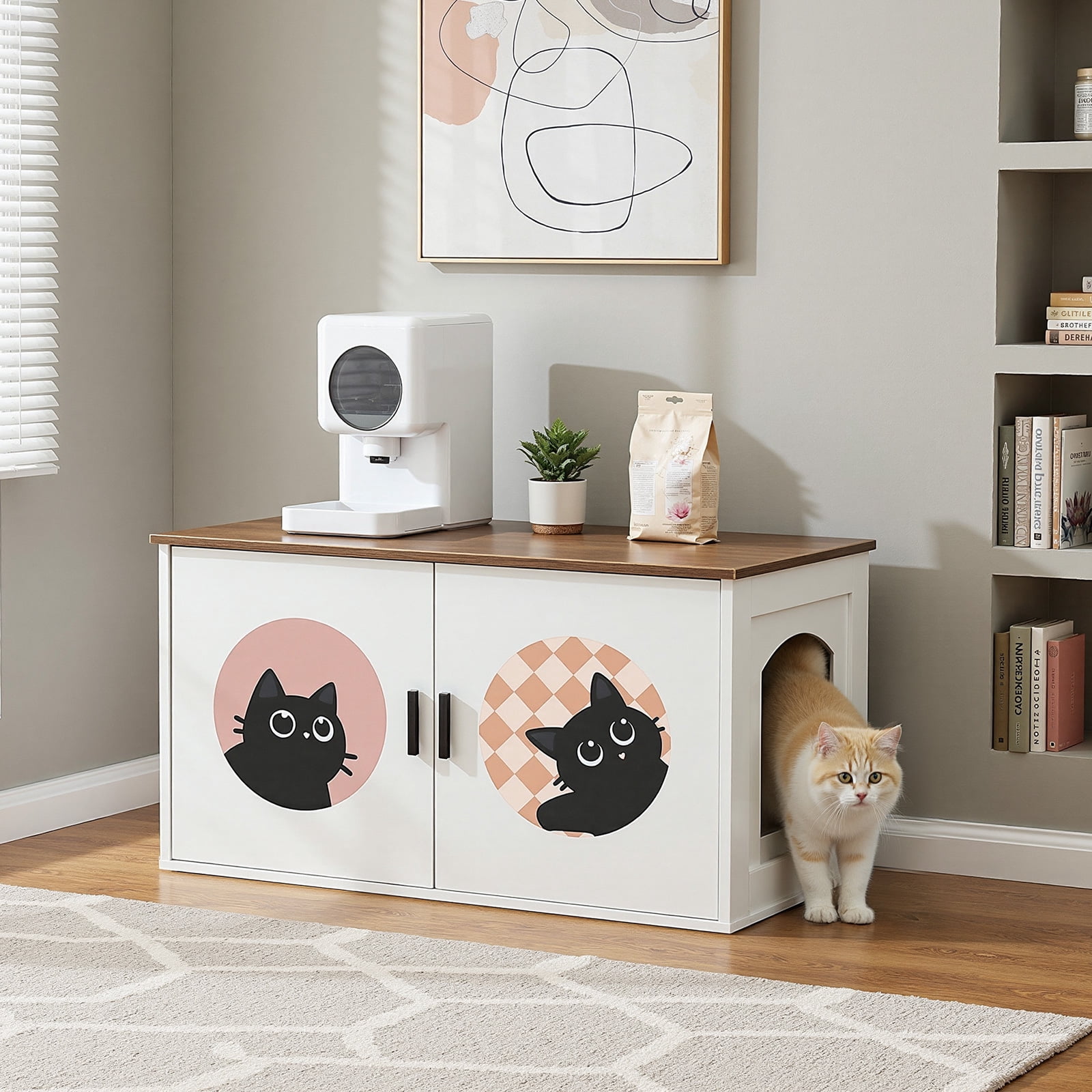 HOOBRO Cat Litter Box Enclosure, Hidden Litter Box Enclosure Furniture with Cute Cat Patterns and Arched Entrance, Litter Box Cabinet, Side Table, for Living Room, White and Walnut WH08MW01