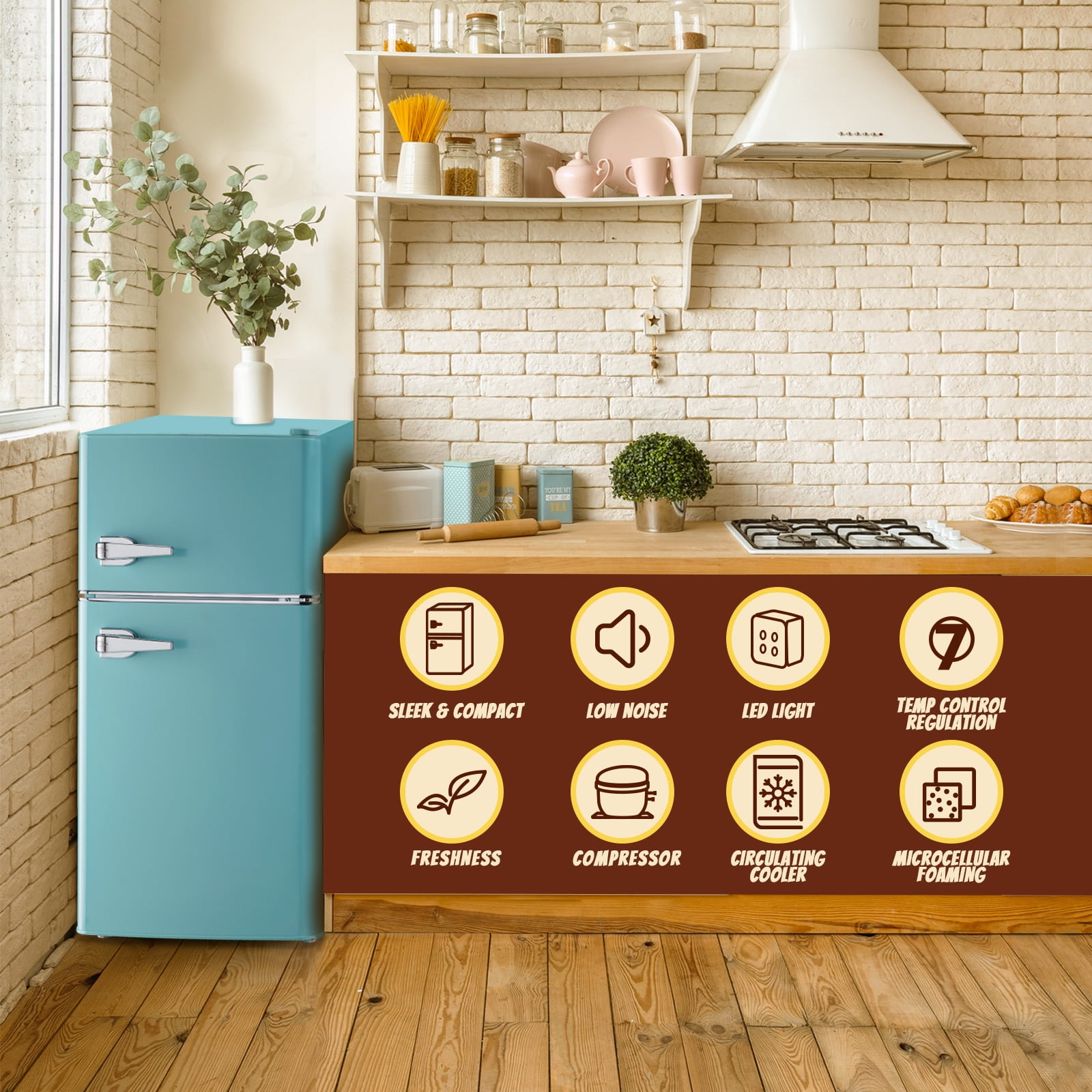 TACOOL Retro Mini Fridge with Handle Dual Door 3.5Cu.ft Samll Refrigerator with Freezer For Home Blue