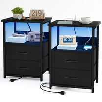 Tomnk Woo Nightstand Set of 2 Night Stand with Charging Station, LED Nightstand with Fabric Drawers, End Table with PU Finish, Bed Side Table, Black