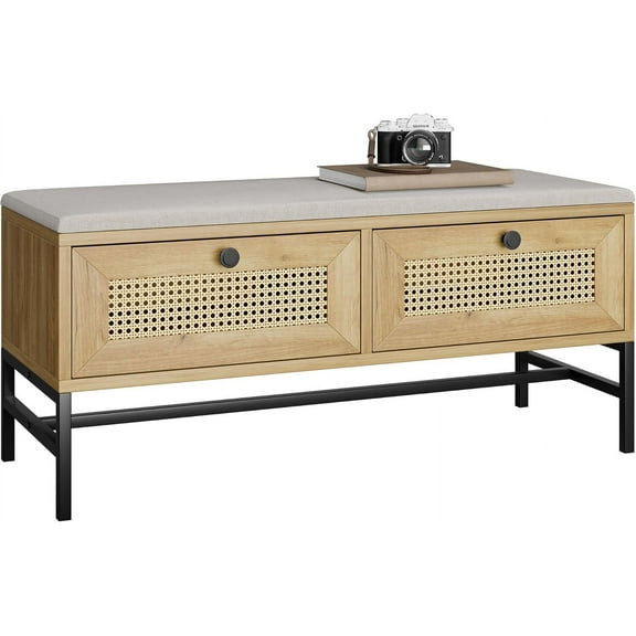 Trilenars Rattan Shoe Bench Entryway Bench with Storage Drawer,Wooden Storage Bench with Linen Seat Cushion,for Hallway,Natural Oak