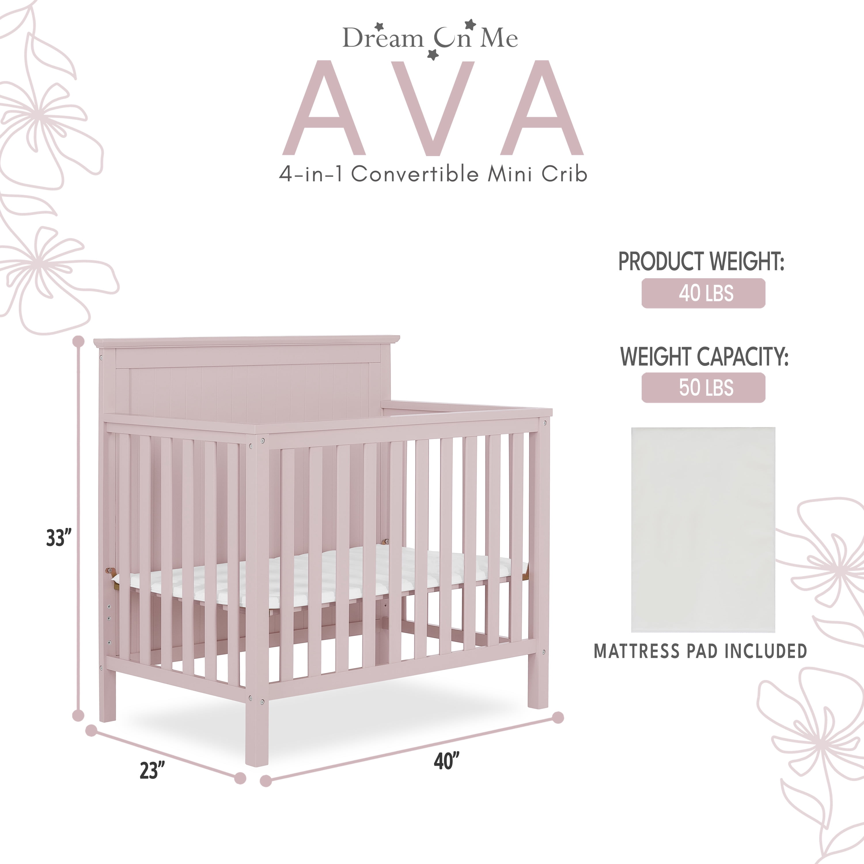 Dream On Me Ava 4-in-1 Convertible Mini Crib, Blush Pink