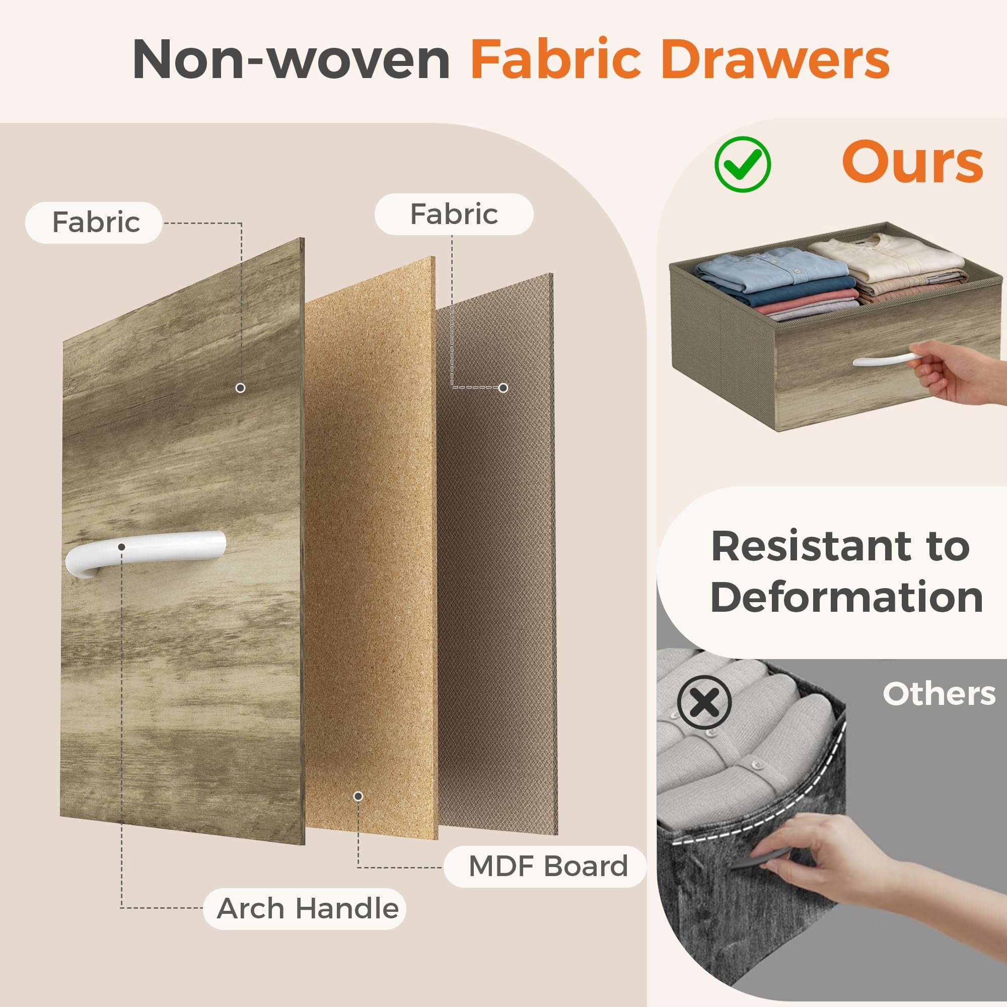 Telyra 4-Drawer Fabric Dresser 37.4" Tall Storage Tower with Wood Top and Steel Frame Narrow Organizer, Oak Greige