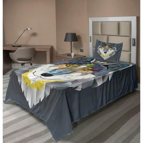 Ambesonne Animal Fitted & Top Sheet Set with Sham, Wolf Coyote Portrait Art, Multicolor