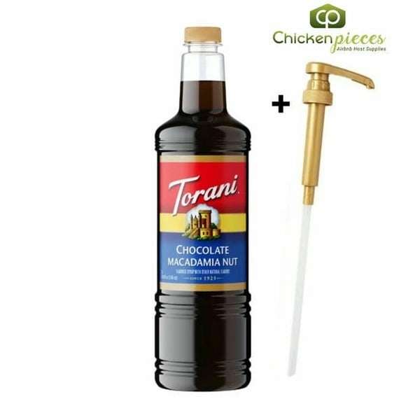 Torani Sirop Aromatisé Chocolat Noix de Macadamia, Base de Spécialité Professionnelle Inspirée des Îles, Bouteille en Plastique 1 L Résistante aux Bris + Pompe Doseuse Bonus