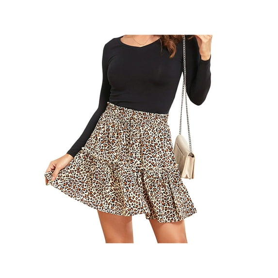 Seyurigaoka Women Summer Casual Boho Mini A-line Skirt Floral/Leopard Print Drawstring Elastic High Waist Short Skirt