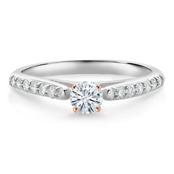 Gem Stone King 10K White and Rose Gold White Moissanite and White Lab Grown Diamond Engagement Ring for Women (0.34 Cttw, Gemstone, Round 3.5MM, Size 6)