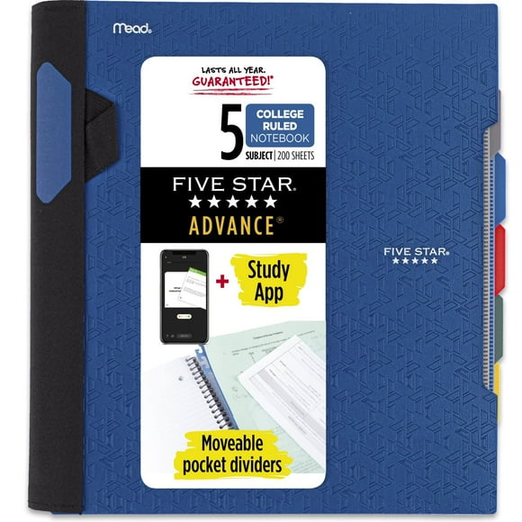 Cuaderno Five Star, 5 asignaturas, con reglas universitarias, 8.5 x 11 pulgadas, 200 hojas