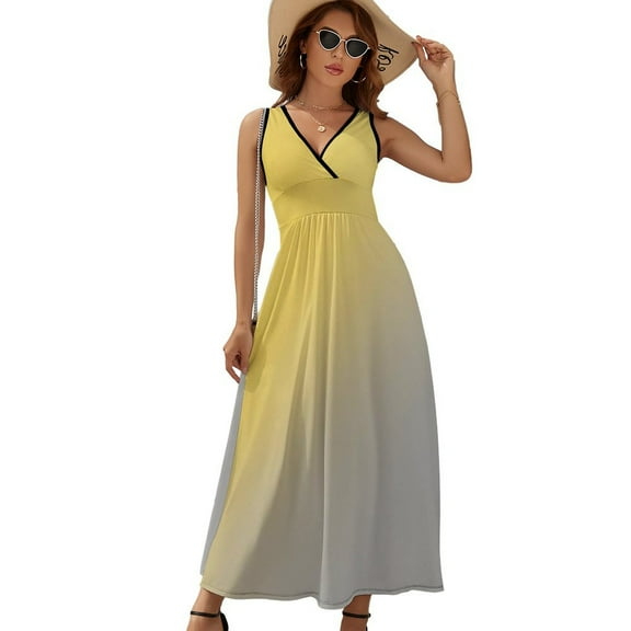 Abstract Yellow Gray Gradient Dress Summer Street Style Bohemia Long Dresses Female Sleeveless Printed Maxi Dress