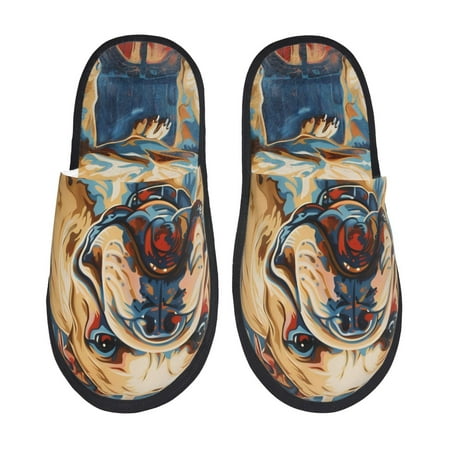 Balery Patriotic Bulldog Welcome Slient Indoor Furry Fleece Comfort House Shoes Soft Non-Slip Home Shoes Cotton slippers House Slippers-- Medium