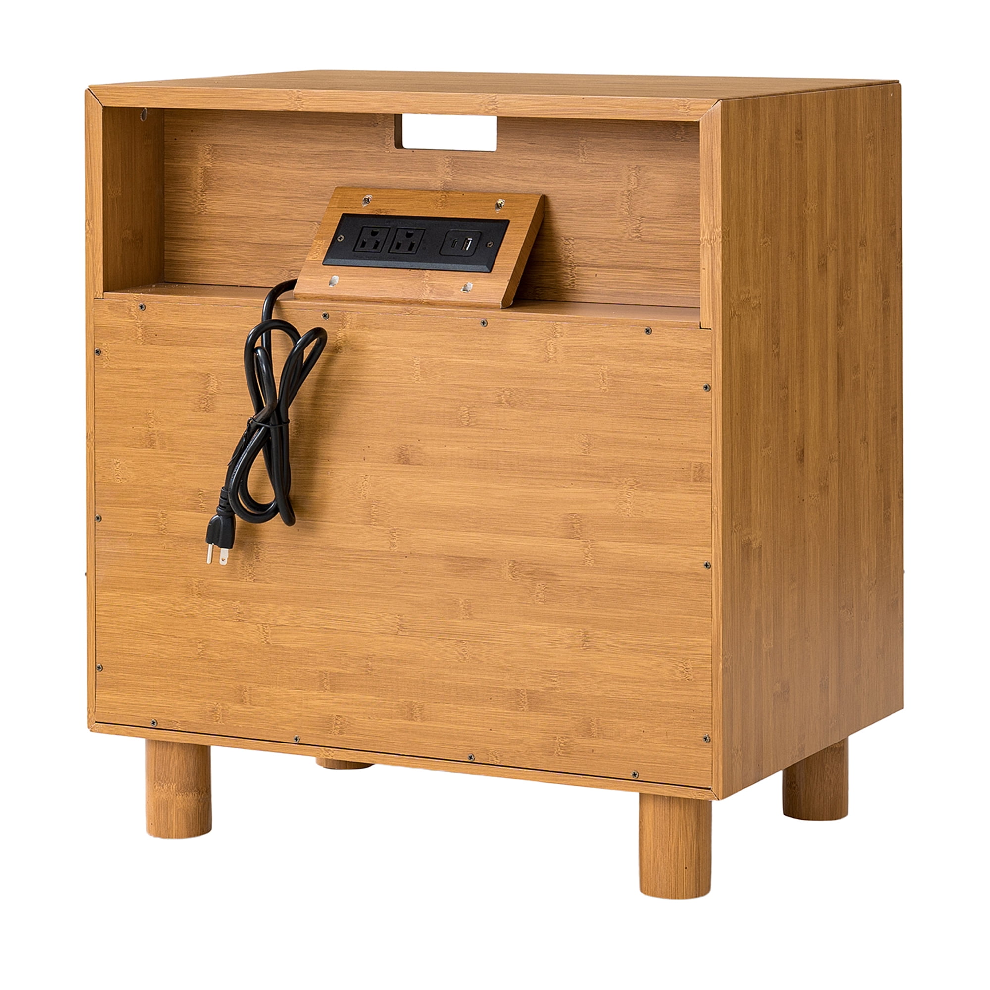 Mintazer Modern Nightstand with Charging Station, Bedside Table with 2 Mirrored Drawer, End Table for Bedroom Living Room, Natural