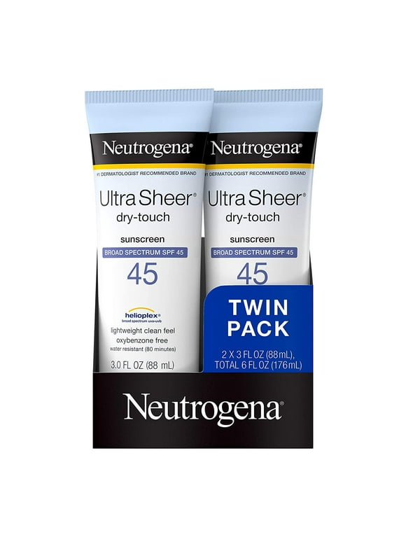 Neutrogena Ultra Sheer Dry-Touch Water Resistant and Non-Greasy Sunscreen Lotion with Broad Spectrum SPF 45, TSA-Compliant travel Size, 3 Fl Oz, Pack of 2, 6 Fl Oz