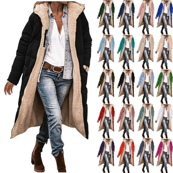 qucoqpe Women's 2-Sided Reversible Long Coat with Pockets Solid Color Zip Up Hooded Winter Jacket Loose Fit Casual Longline Padded Parka