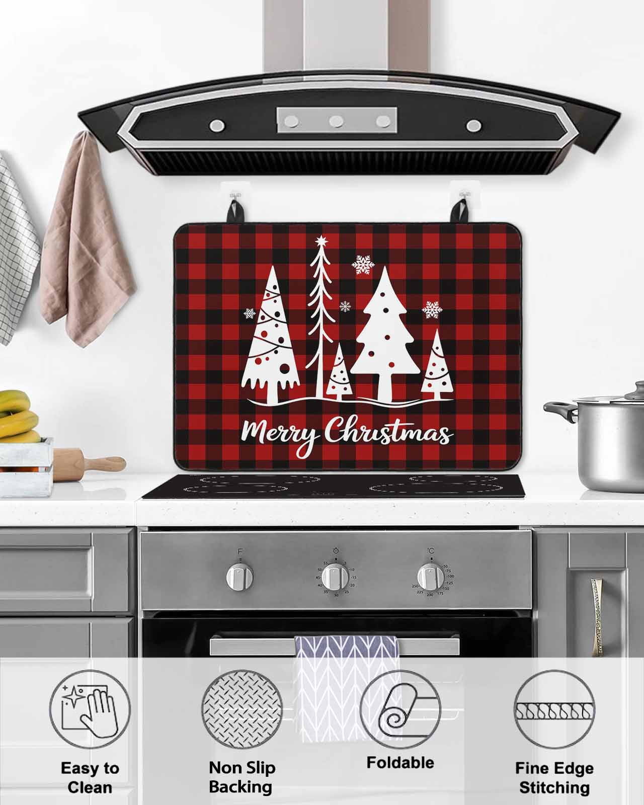 Large Induction Cooktop Protector Mat Christmas Stove Top Covers for Electric Stove, Xmas Red Black Buffalo Plaid Snowflakes Pine Tree Decorative Stove Burner Cover Mats, Glass Top Stove Cover