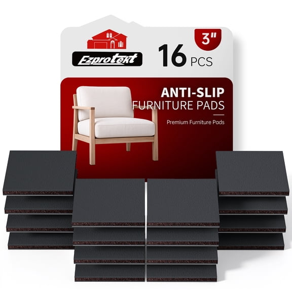 Ezprotekt Non Slip Furniture Pads - 16Pcs 3" Non Skid Grippers for Hardwood | Self Adhesive Anti-Slide Floor Protectors, Black Square