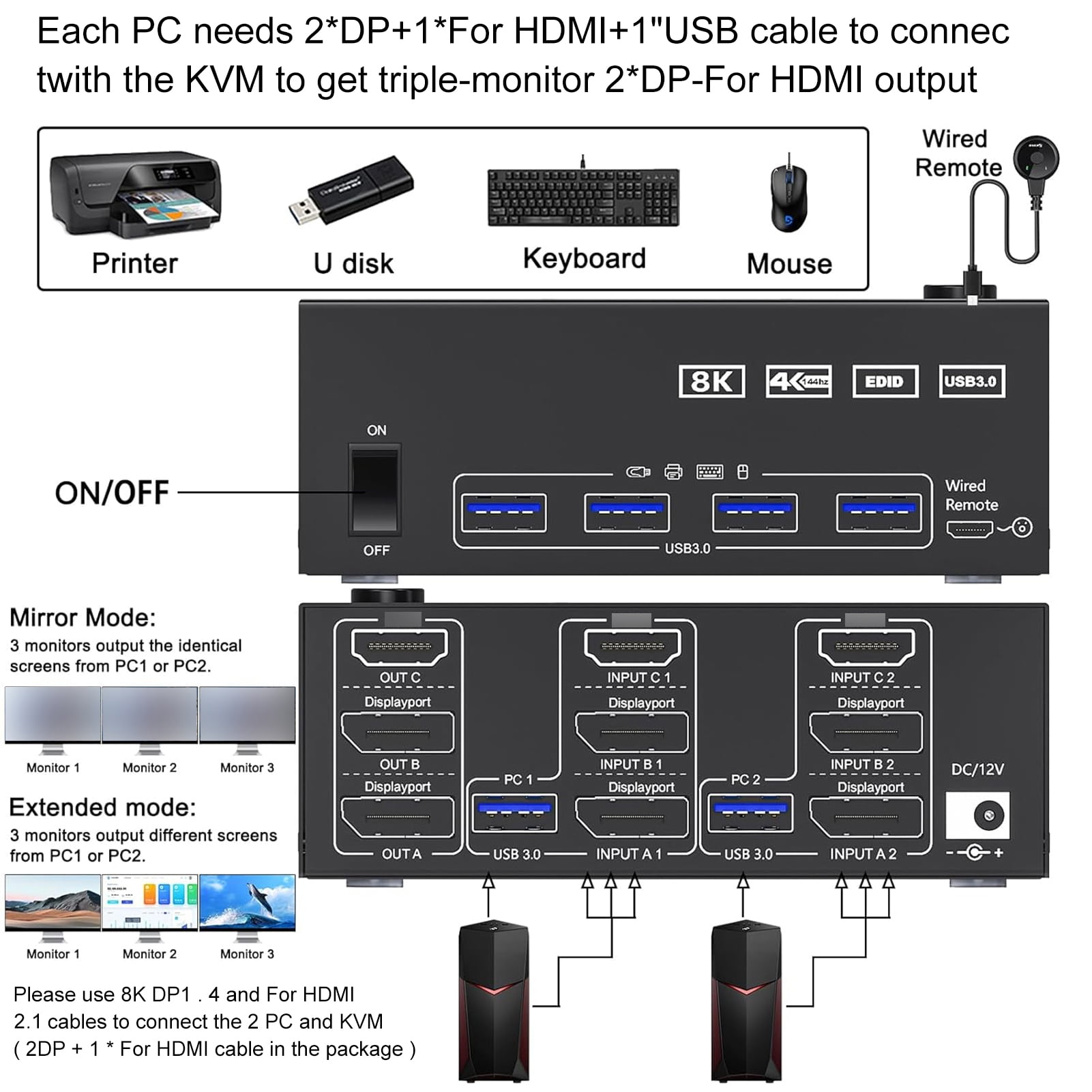 Video converter,Usb 3.0 And 4 Cables Wired Remote And Er Support Two Input Output 8k@30hz 4k@144hz Remote And 4 Kvm Switcher Two Displayport With Wired 4 Cables Included Kvm Er Two