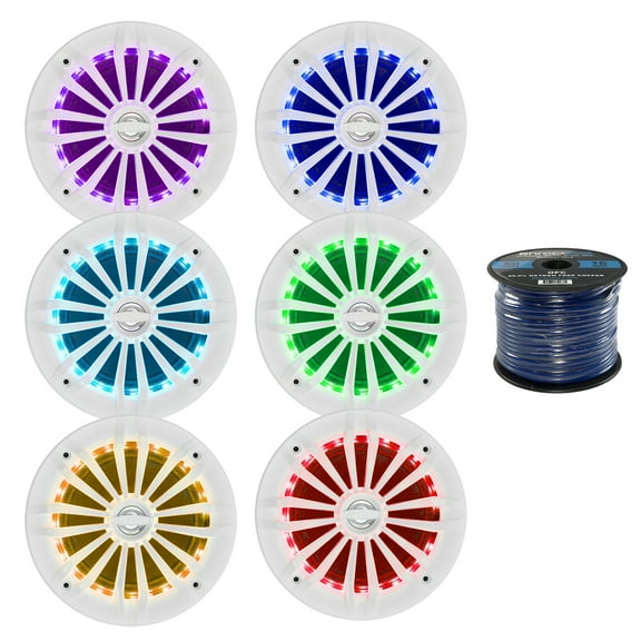 6 x EnrockMarine 6.5-Inch White 2 Way, 200 Watt, Marine, Loudspeaker Featuring Multi Color Illumination Options and Remote Control, Enrock Audio Marine Grade Spool of 50 Foot 16-Gauge Speaker Wire
