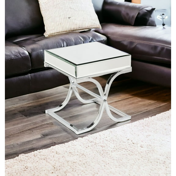 22" Silver Glass And Iron Square Mirrored End Table