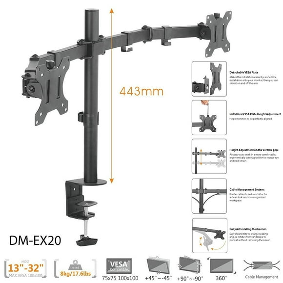 Boost Industries Universal DM-EX20 Dual Arm Monitor Desktop Mount for Screens 13" to 32"
