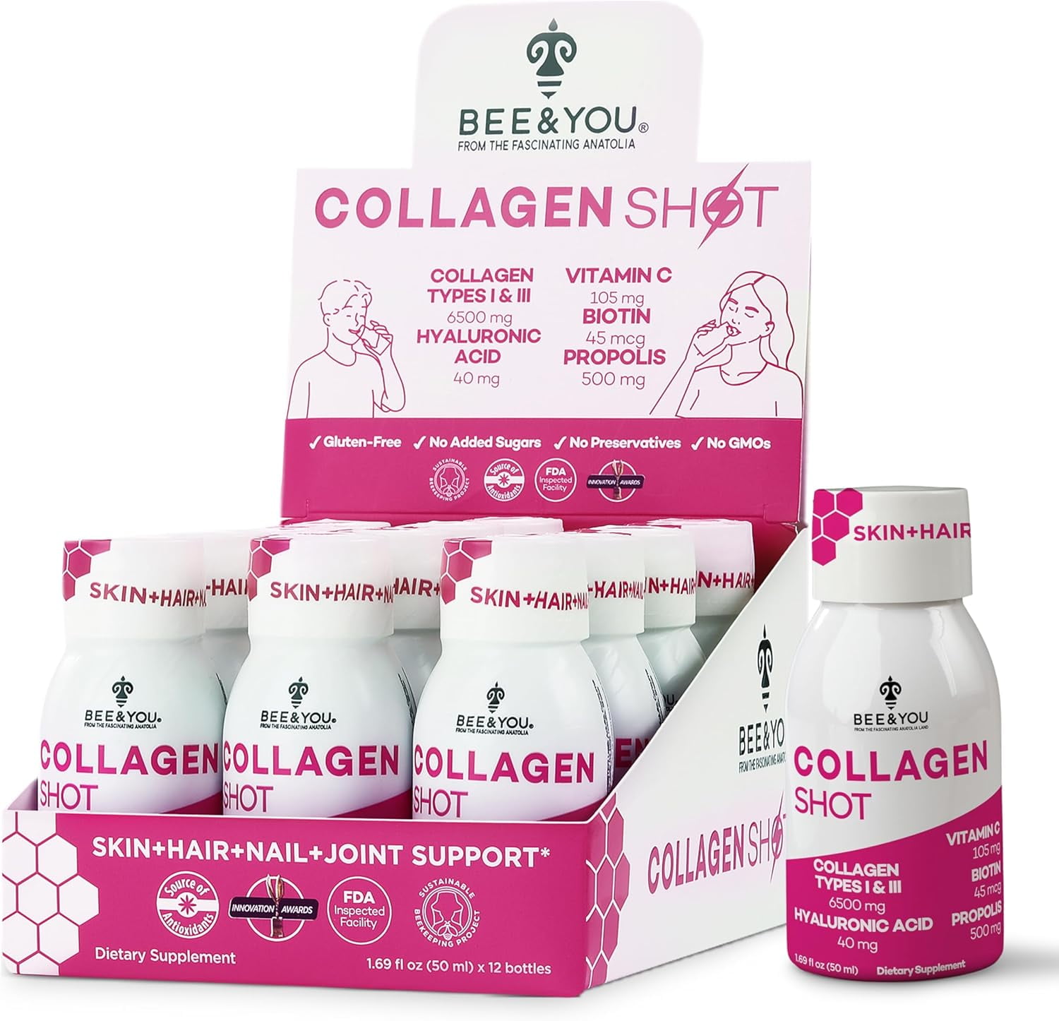 BEE and YOU Collagen Liquid Shot Drink with Vitamin C, Hyaluronic Acid, Biotin - Promotes Skin, Hair, Nail and Joint Health, 1.69 fl. Oz x 12 Bottles