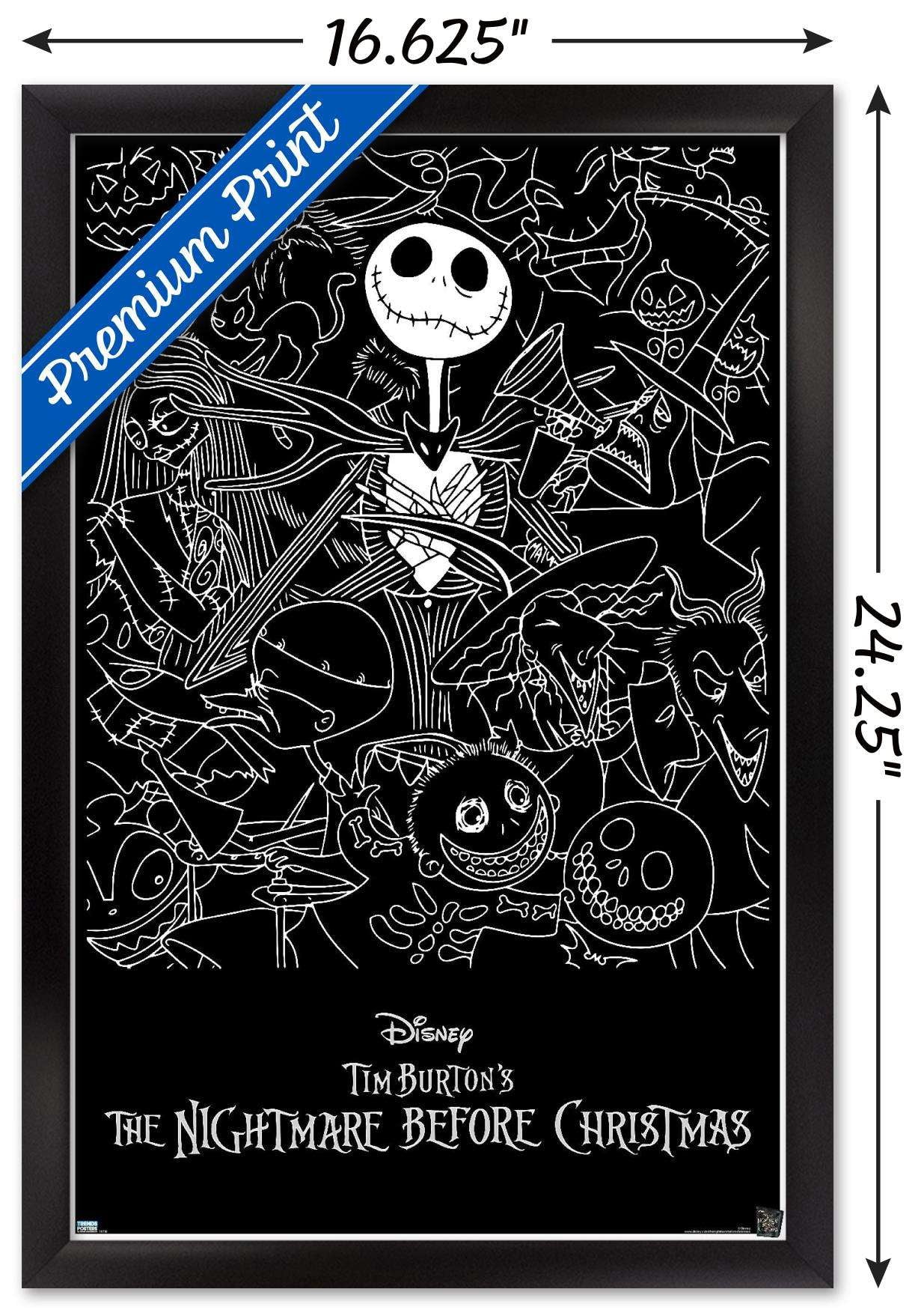 Disney Tim Burton's The Nightmare Before Christmas - Black and White Wall Poster, 14.725" x 22.375", Framed