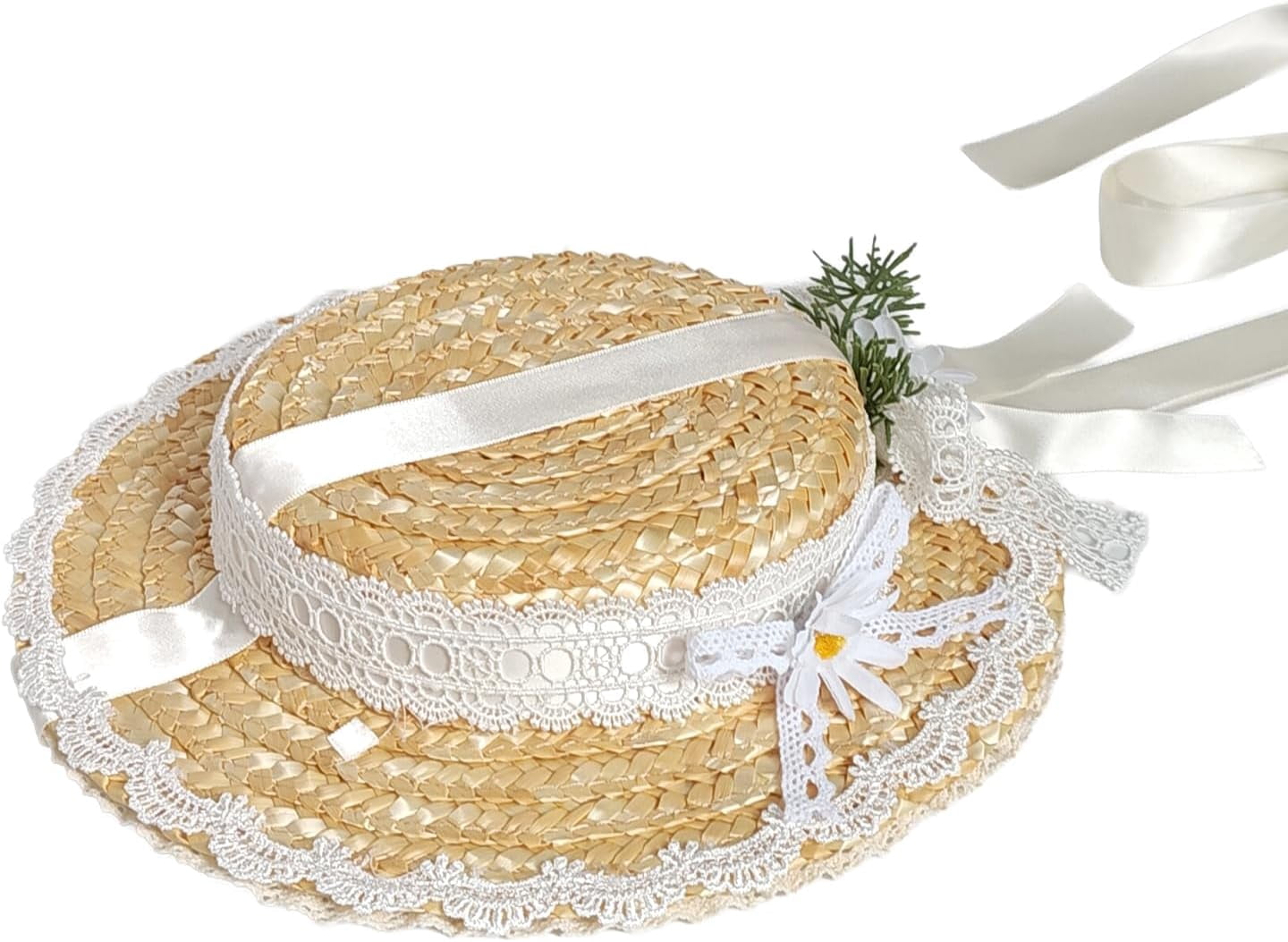 Kukuzhu Girls Women Victorian Tea Party Sun Hat, Lolita Lace Ribbons Straw Flat Hat Wide Brim Flower Bonnet Cap