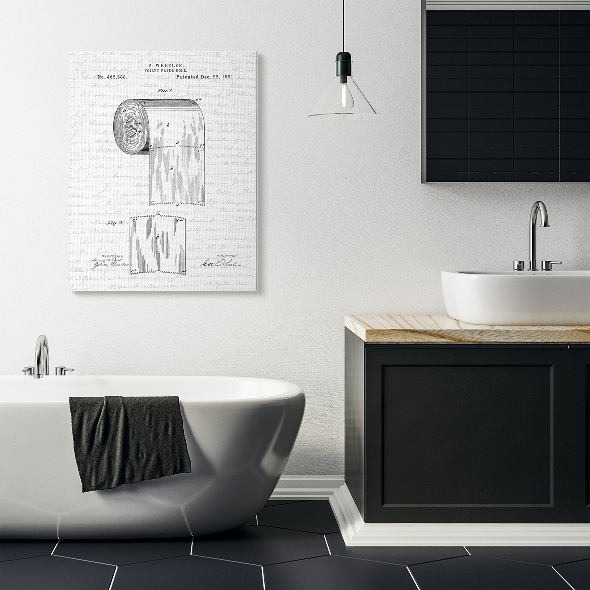 Stupell Industries Toilet Paper Roll Patent Black And White Bathroom Design Canvas Wall Art by Lettered and Lined