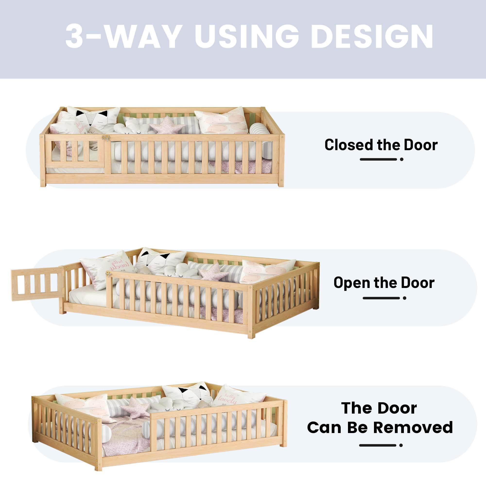 DEALTOPS Full Size Floor Bed with Safety Guardrails and Door Montessori Wood Bed Frame for Kids, Natural
