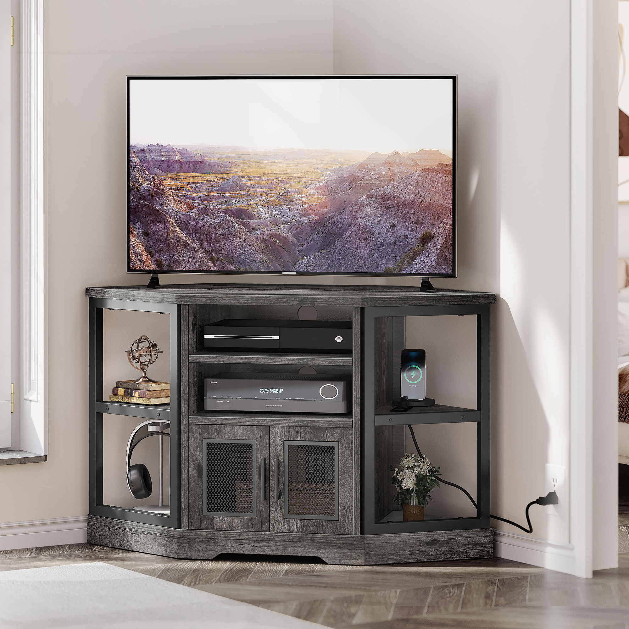 Dextrus Farmhouse Corner TV Stand for TVs up to 55 inch with Power Outlet,  Wood Entertainment Center, TV Media Console with Storag, Gray - Walmart.com