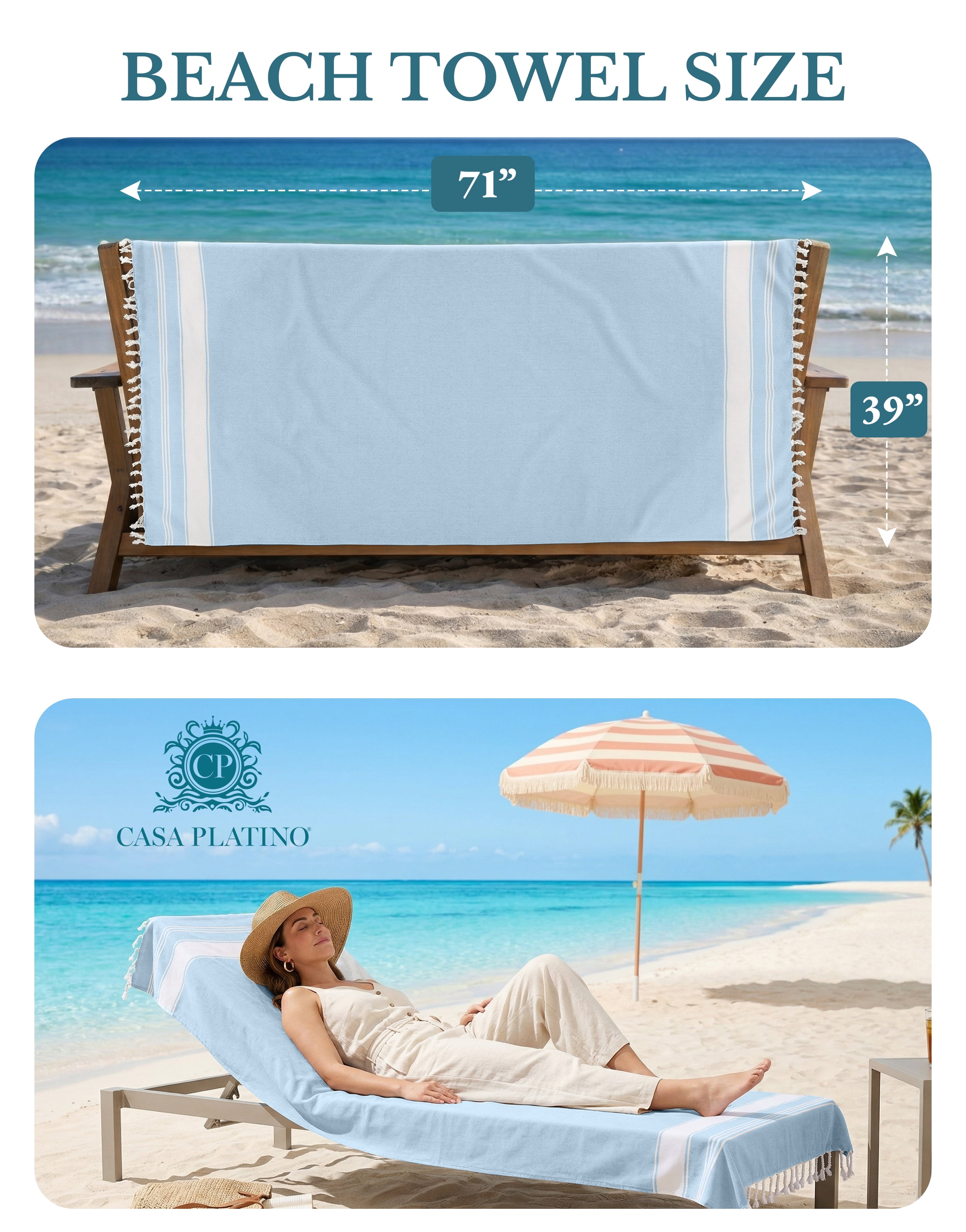 Casa Platino Hammam Beach Towels 6 Pack, Cotton Beach Towels for Adults, Oversized Lightweight Quick Dry Pool Towels for Beach Days – Nautical