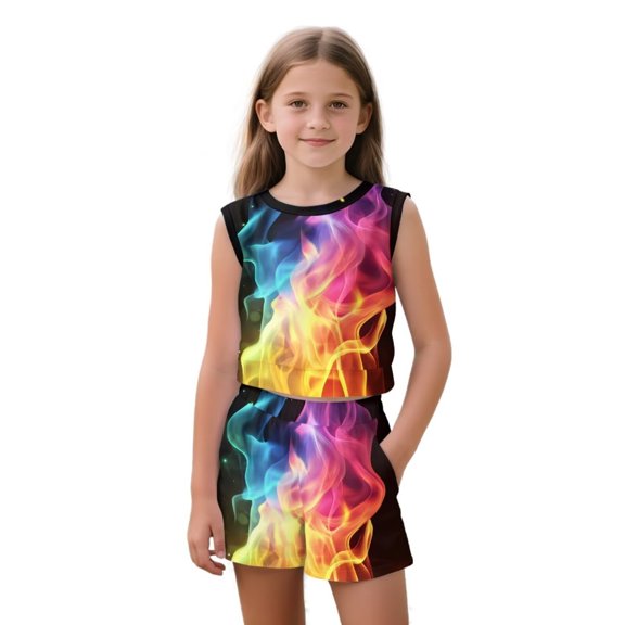 chaqlin Color Flame 2 Piece Girls Short Set Sleeveless Tank Top and Elastic Waist Sports Pants with Pockets Kids Summer Outfits Activewear