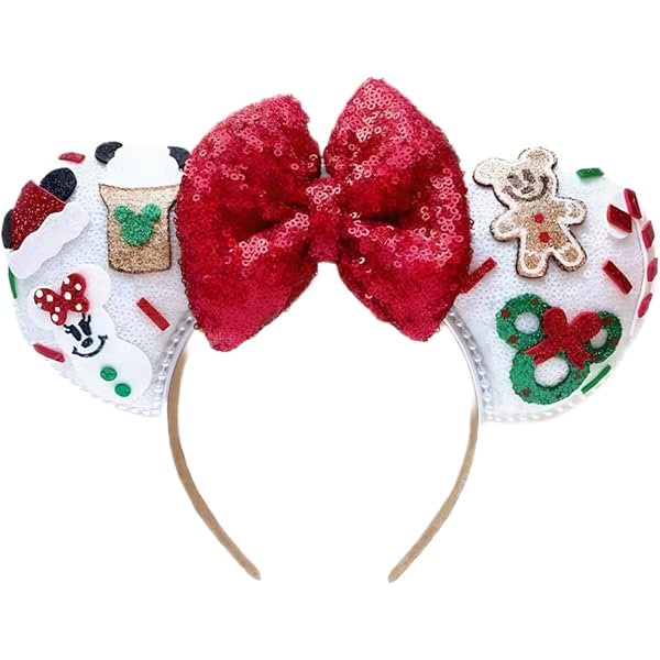 wonima44 Christmas Mouse Ears Hairbands Xmas Mouse Headband, Red Green White Party Decorations Headdress for Women Sequin Bow Hair Hoop Snow White Hair Accessories Cosplay Costume Headpieces Headwear