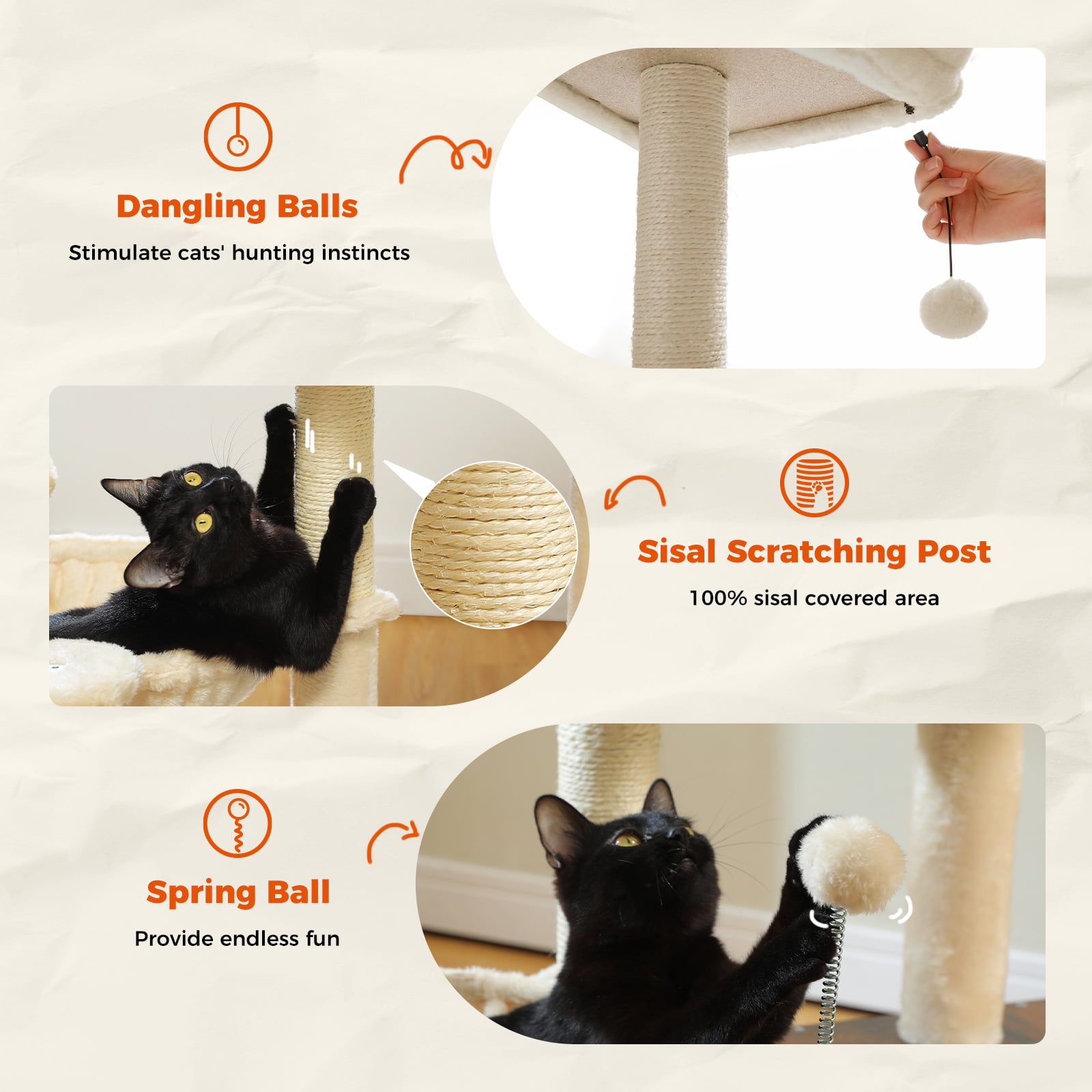 Pefilos 43" Modern Cat Tree for Indoor Cats,Multilevel Play House Cat Tower with Cat Condo, Scratching Post, Cozy Hammock and Plush Pompom, Brown