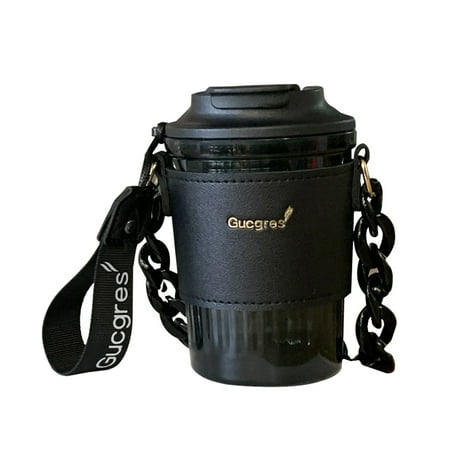 

Portable Creative Reusable Ice Coffee Cup with Leather Sleeve Plastic Trend Couple Cup with Handle and Chain Strap