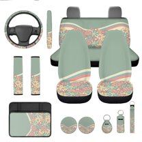Jeiento Hippie Flower Car Seat Covers Set for Women Steering Wheel Cover Seat Belt Covers Auto Armrest Cover Cushion Cup Holders Keychain, 13 PCS Automobile Accessory