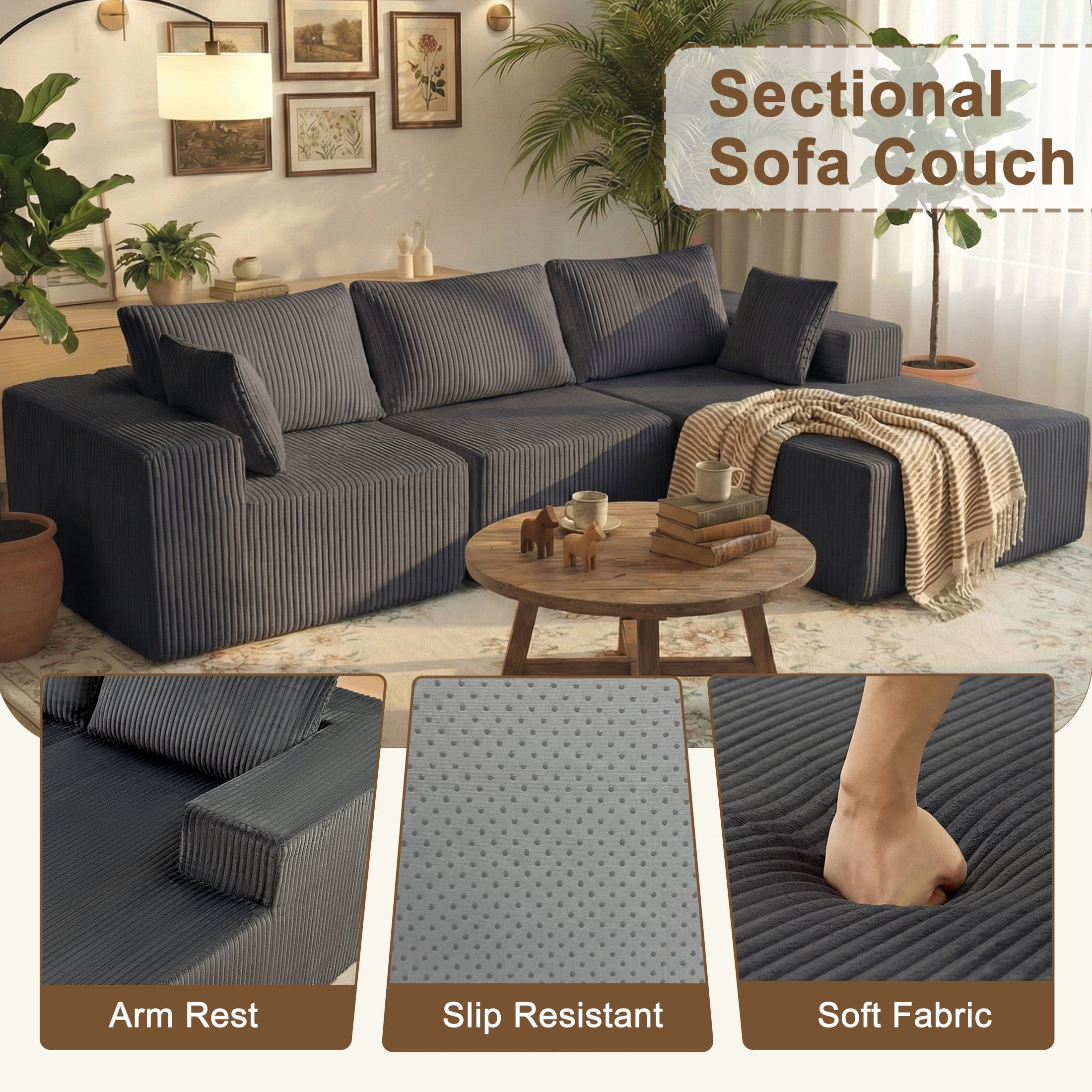 edx 108" Convertible Sectional Couches Comfy Fluffy 4 Seat Memory Foam Sectional Sofa Upholstered Couches for Living Room Bedroom,No Assembly Required,(Right Facing Chaise)Dark Grey