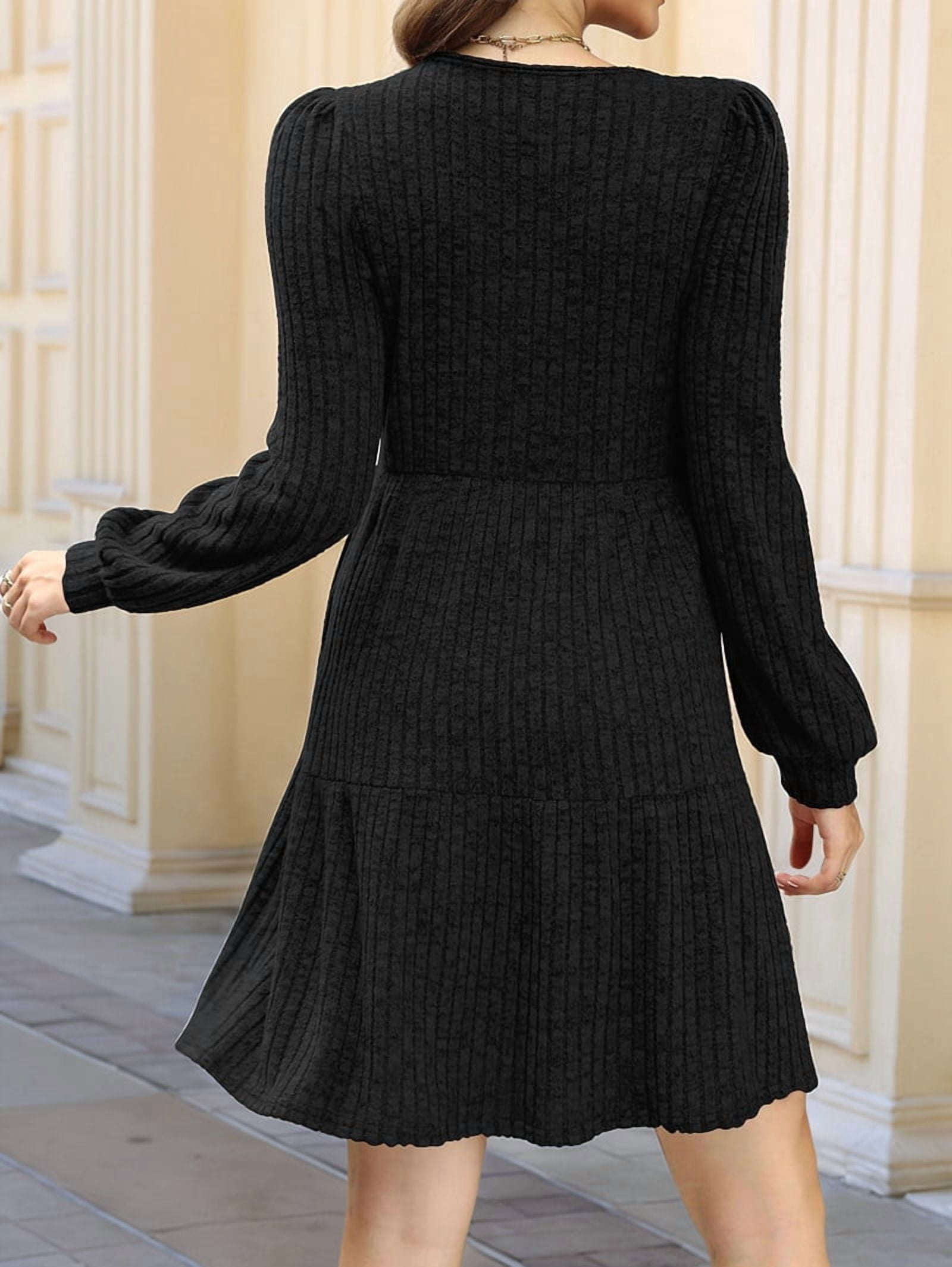 Womens Square Neck Long Sleeve Fall Dresses Casual Babydoll Sweater Dress Black L