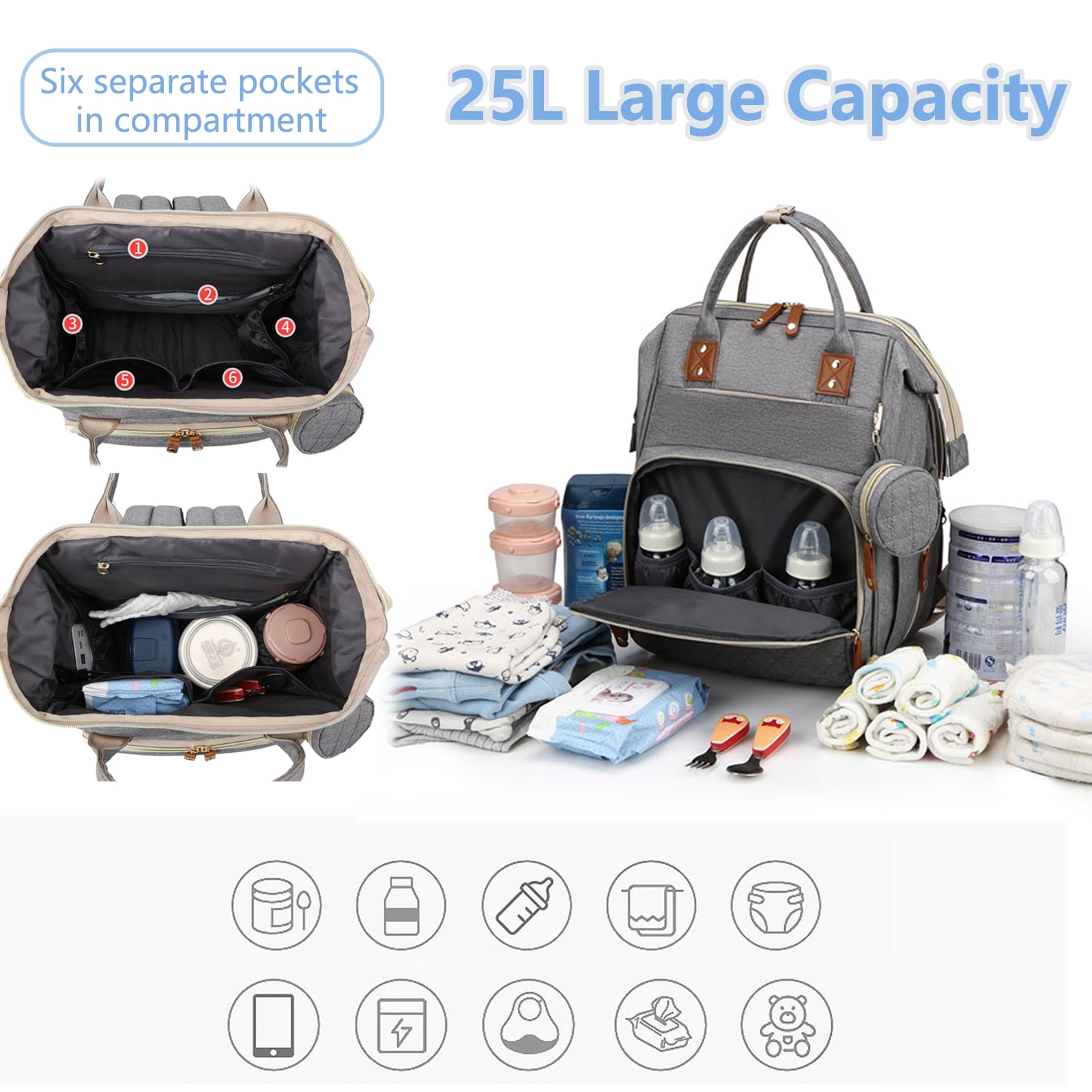 Oioane Baby Diaper Bag with Changing Station, Multifunctional Portable Backpack with USB Charging Port for Travel, Gray