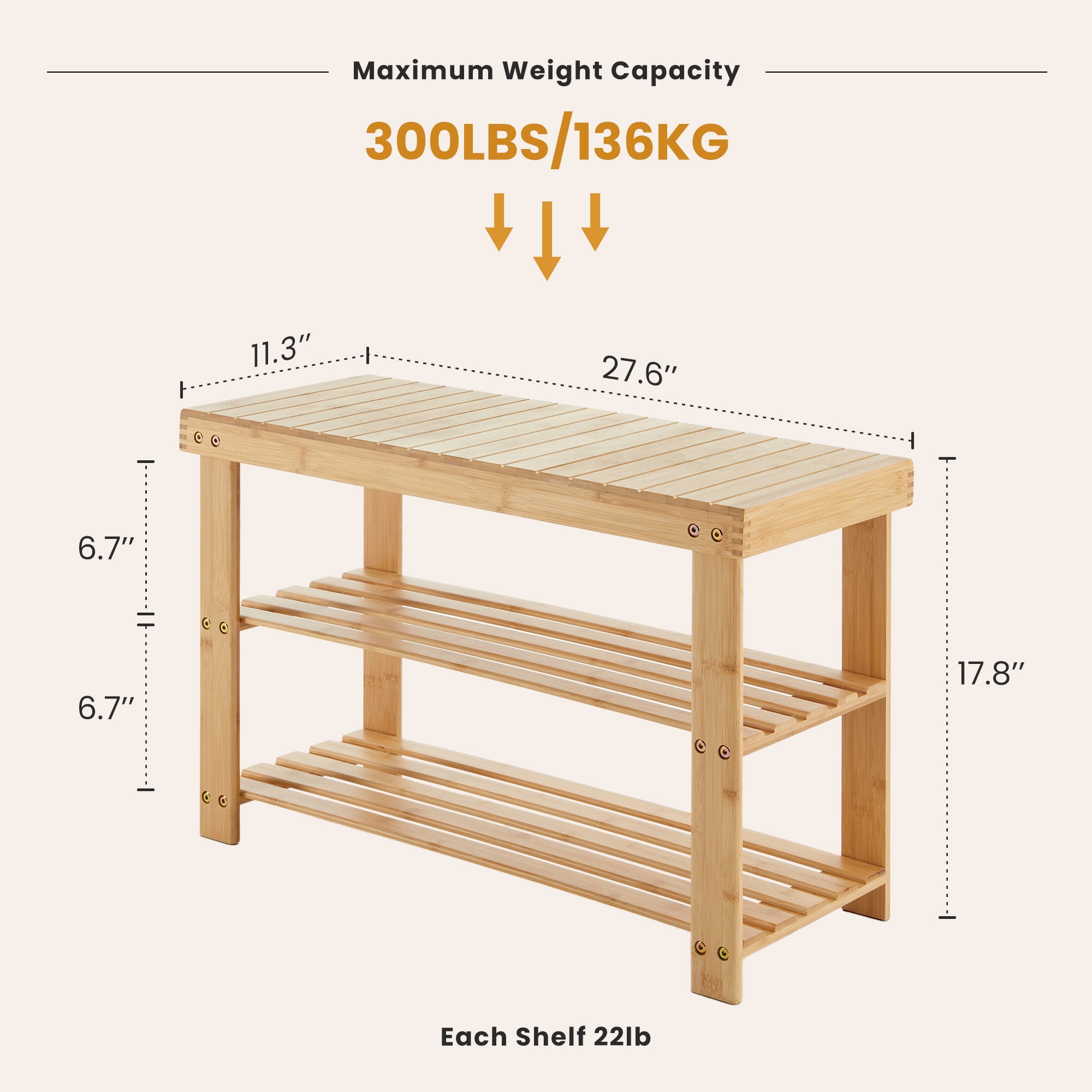 ZUNMOS 3-Tier Bamboo Shoe Rack Bench, 11.3 x 27.6 x 17.8 Inches Compact Storage Organizer with 286lb Capacity for Entryway, Bedroom and Living Room, Wood